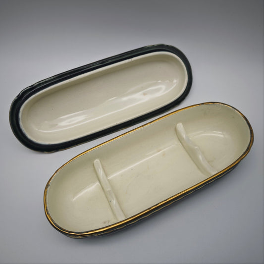 Sarreguemines ceramic jar vintage green gold lidded jar fish jar herring butter dish subdivision France 22 cm Art Deco