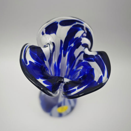 Murano glass vase vintage cobalt blue white handmade mouth-blown opal glass curved opening 26 cm flower vase Mid Century