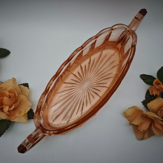 Art Deco glass bowl pink pressed glass vintage with handles 32 cm serving bowl bouquet decorative bowl Mid Century Art Nouveau