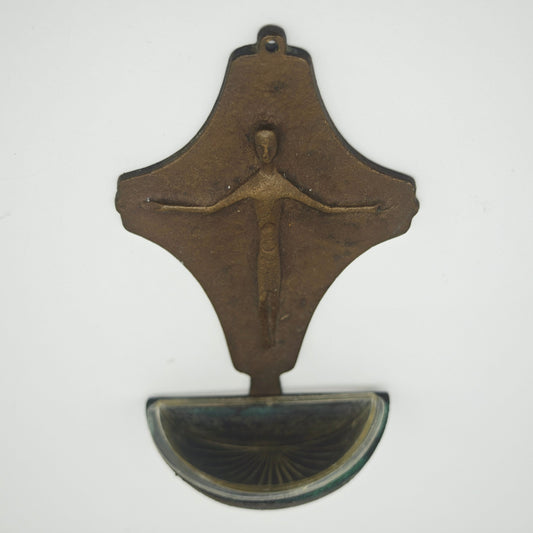 Bénitier en laiton style vintage moderne du milieu du siècle, croix murale de 15 cm, décoration chrétienne, crucifix avec bol, décoration murale