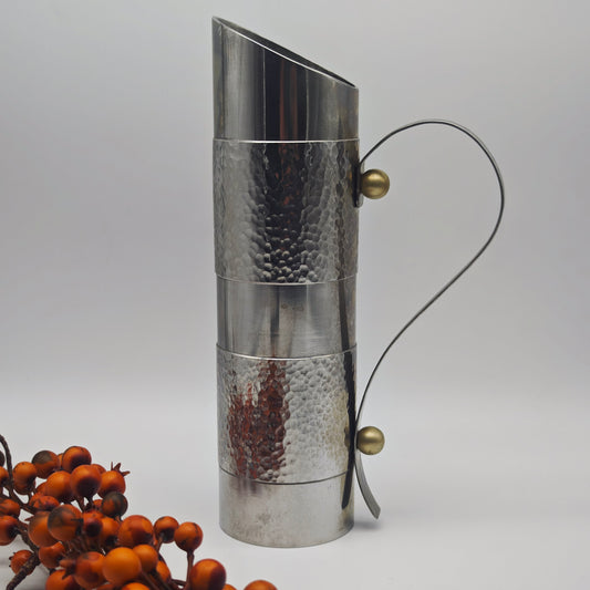Vintage stainless steel vase with hammered pattern and curved handle 27 cm metal jug design object industrial decoration metal