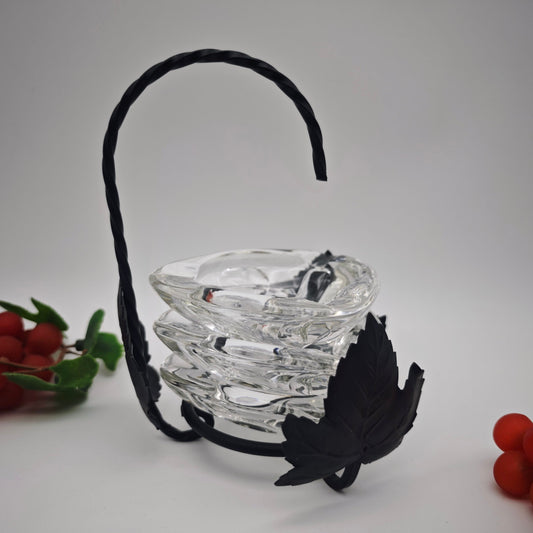 3 glass ashtrays in metal holder vine leaf rustic country house wine bar farmhouse