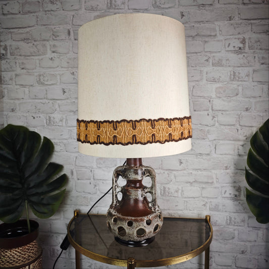 Fat Lava Lamp Table Lamp Side Table Mid Century Ceramic West German Pottery beige brown fabric shade border midcentury 60s 70s Boho