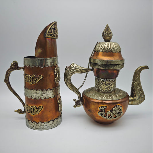 Tibet Nepal Kupfer Messing Kannen Set Drachenmotiv orientalisch Vintage Dekoration 22 cm