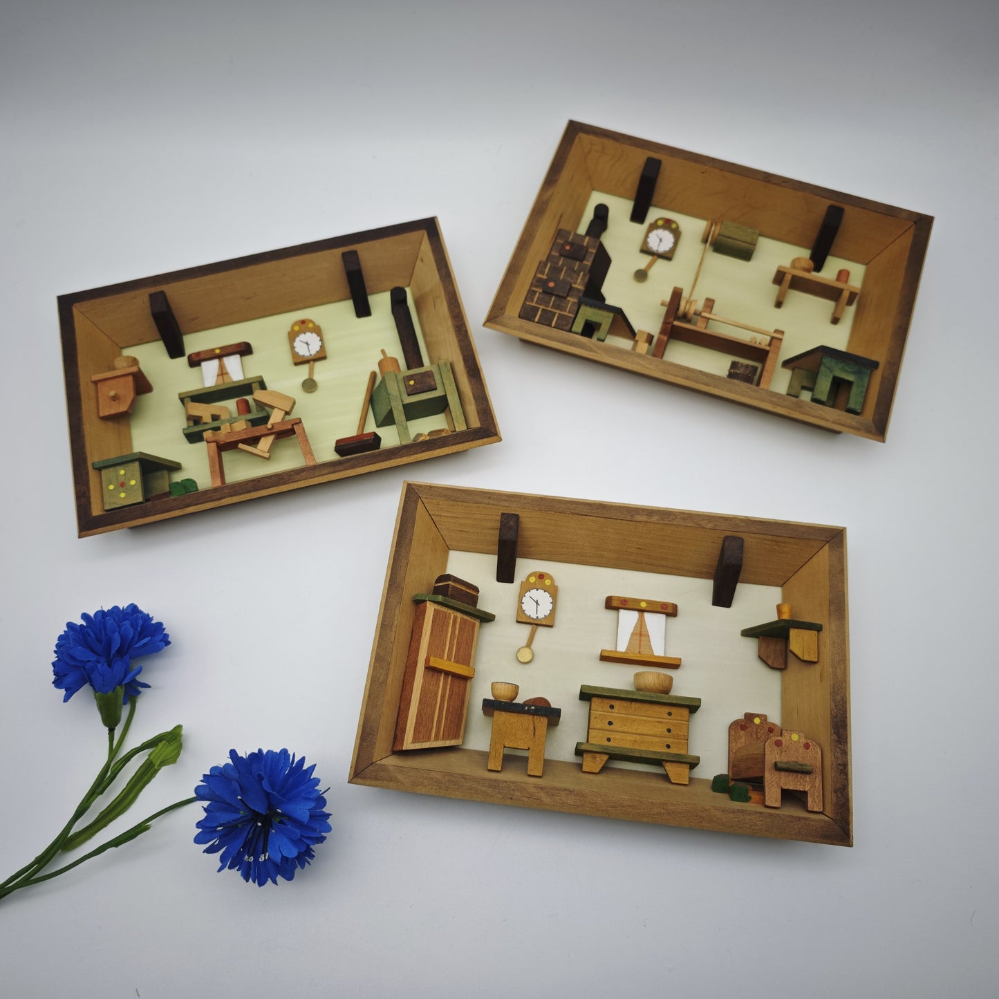 3x Holz Wandbild Diorama Bauernstube Miniatur Alpenstil Handarbeit 19 cm Vintage