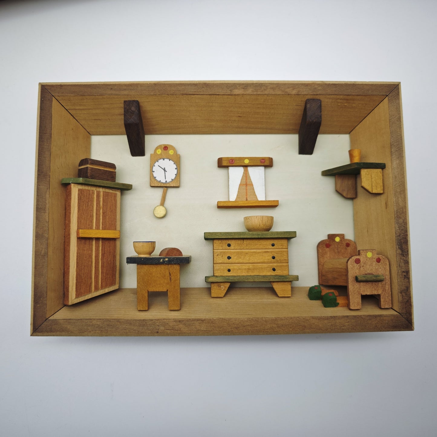 3x Holz Wandbild Diorama Bauernstube Miniatur Alpenstil Handarbeit 19 cm Vintage