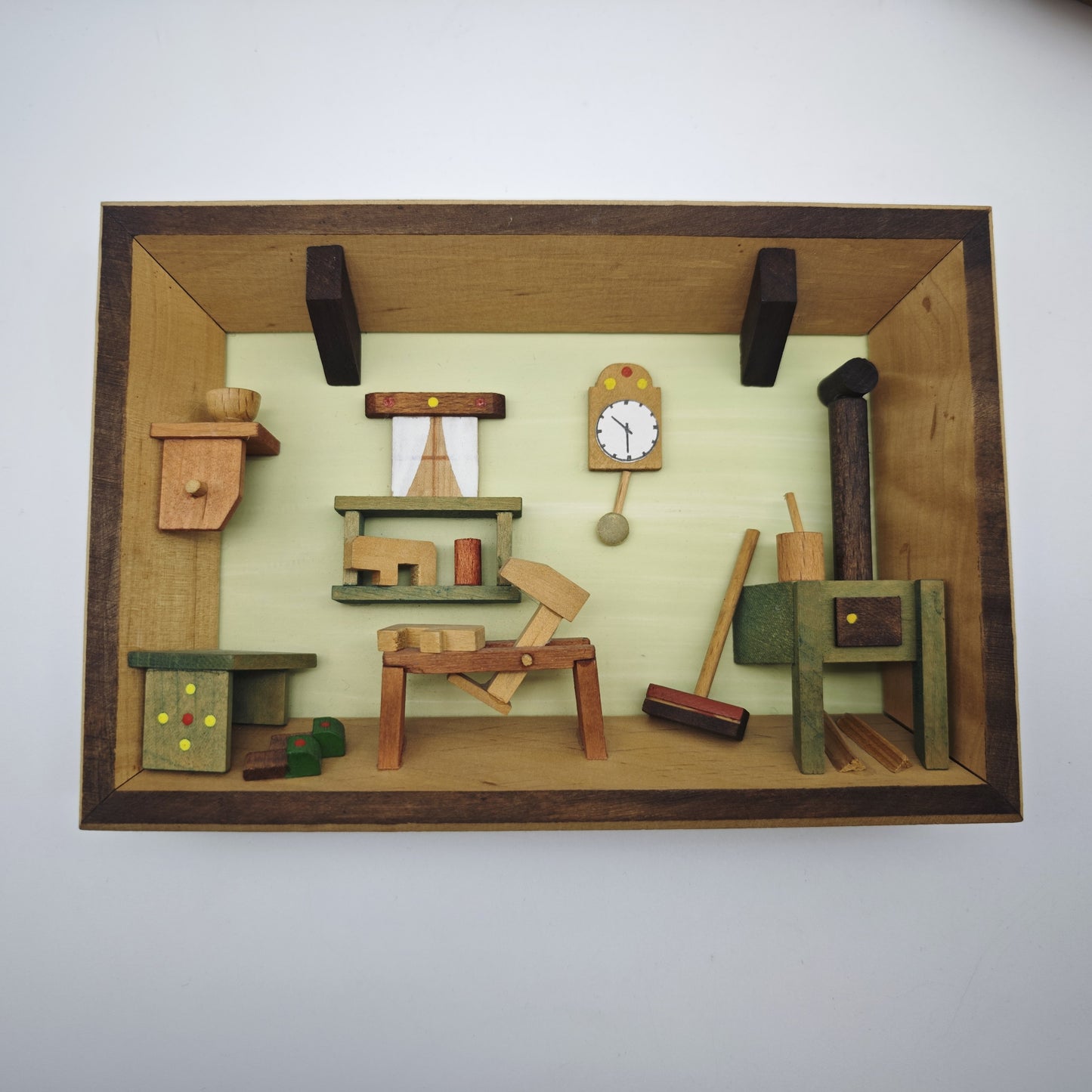 3x Holz Wandbild Diorama Bauernstube Miniatur Alpenstil Handarbeit 19 cm Vintage