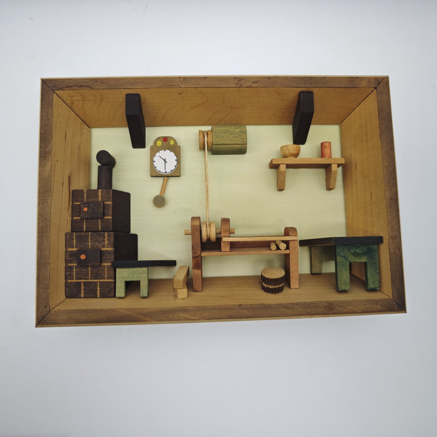 3x Holz Wandbild Diorama Bauernstube Miniatur Alpenstil Handarbeit 19 cm Vintage