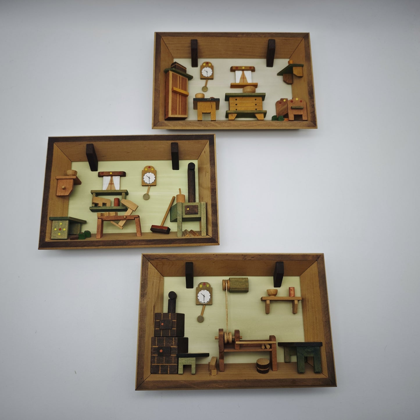 3x Holz Wandbild Diorama Bauernstube Miniatur Alpenstil Handarbeit 19 cm Vintage