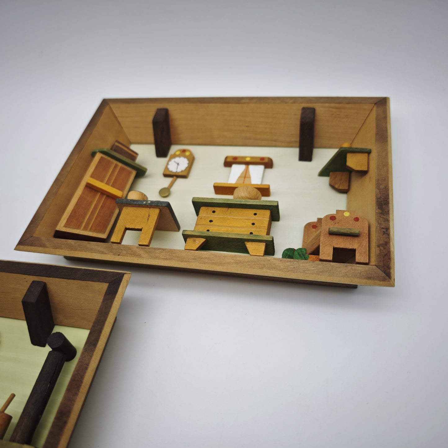 3x Holz Wandbild Diorama Bauernstube Miniatur Alpenstil Handarbeit 19 cm Vintage