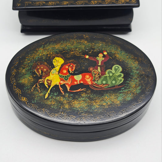 Russische Lackdosen Set handbemalt Palekh Stil Vintage 70er Jahre Deko