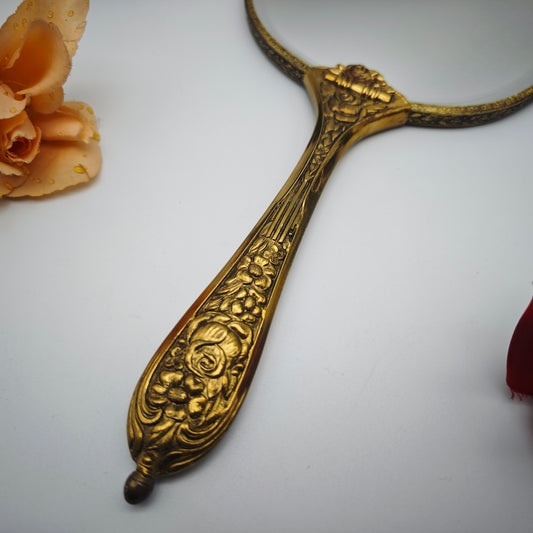 Handspiegel Messing Rosenstickerei Jugendstil Facettenschliff Vintage Vanity