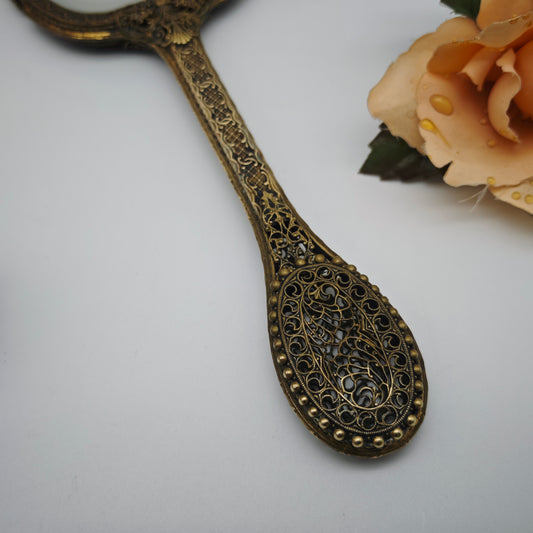 Handspiegel Messing Filigran Facettenschliff Vintage Rosenstickerei 31 cm Vanity