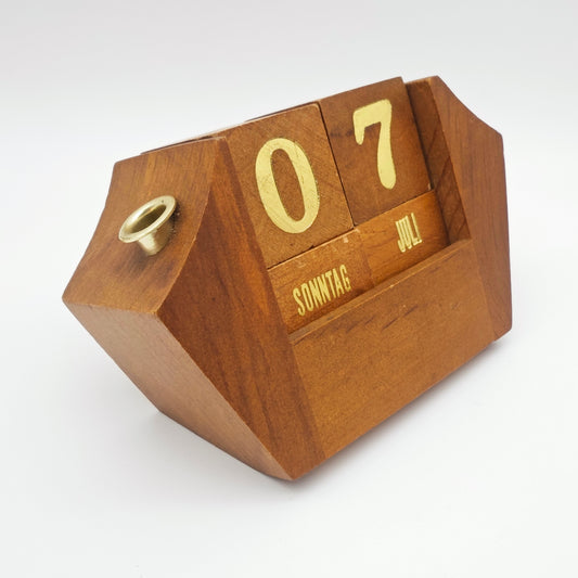Ewiger Kalender Würfel Holz gold vintage Schreibtisch Dekoration Stiftehalter Mid Century Büro Accessoire Endloskalender deutsch Tischkalender