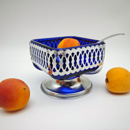 Servierschale Glas kobaltblau durchbrochene Metallhalter vintage Senfschale Zuckerdose