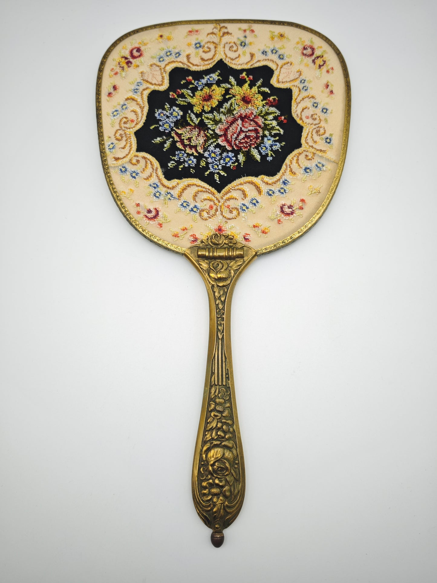 Handspiegel Messing Rosenstickerei Jugendstil Facettenschliff Vintage Vanity