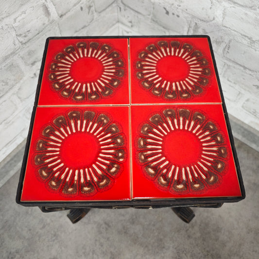 Blumenhocker Fliesen rot Pflanzenständer Schmiedeeisen Midcentury Blumentisch