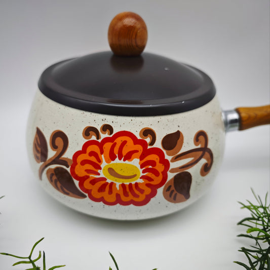 Fonduetopf Emaille Vintage 70er Stielkasserolle Blume Holzgriff Retro Küche