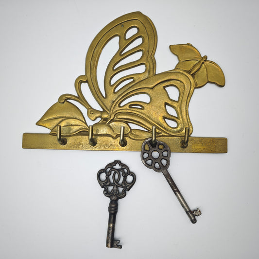Jugendstil Schlüsselbrett Messing Schmetterling Goldfarben 5 Haken Wandhalter