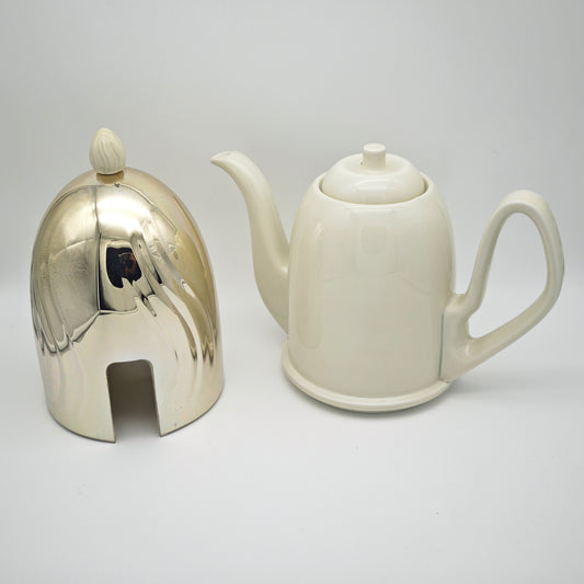 BMF Teekanne 1950er Keramik mit Isolierhaube Neusilber creme Mid Century Thermohaube