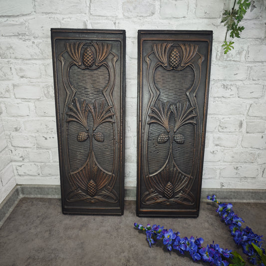 2 Jugendstil Ofenplatten Gusseisen Eichel Relief Wanddeko antik 65×23 cm für Restauration oder Dekoration