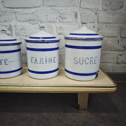 Antike Emaille Vorratsdosen Set 6 Stück blau weiß französisch Vorratsbehälter Vintage Landhaus Küche Cottagecore Dosen
