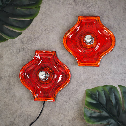 2 Keramik Wandlampen rot gesprenkelt Fat Lava Style Space Age Retro 70er Vintage Leuchten