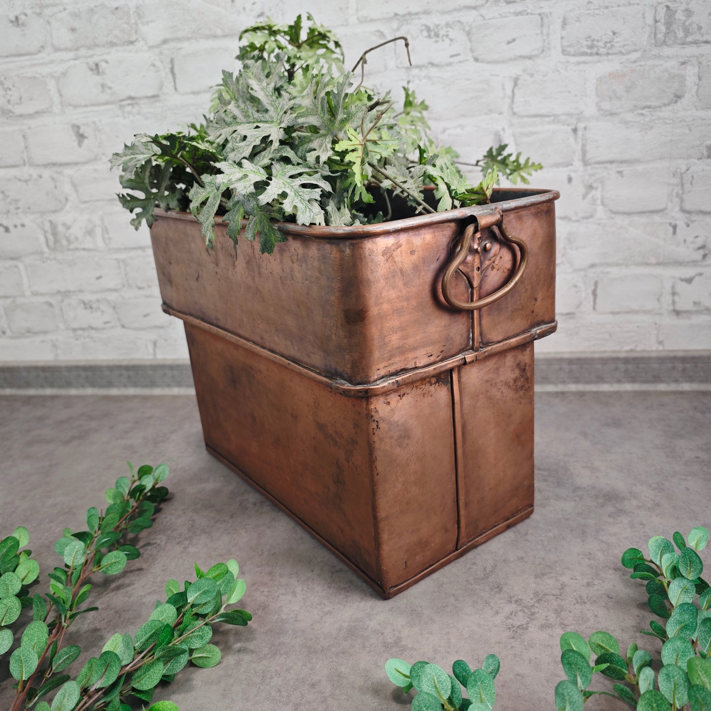 Vintage Kupfer Jardiniere eckig mit Griffen rechteckiges Pflanzgefäß Kräuterkübel 38 cm