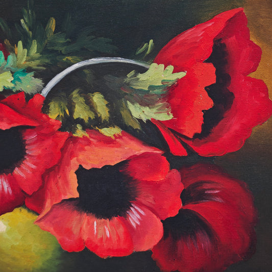 Ölgemälde Stillleben Mohnblumen Tabor 1950er Öl auf Hartfaserplatte mit Prunkrahmen