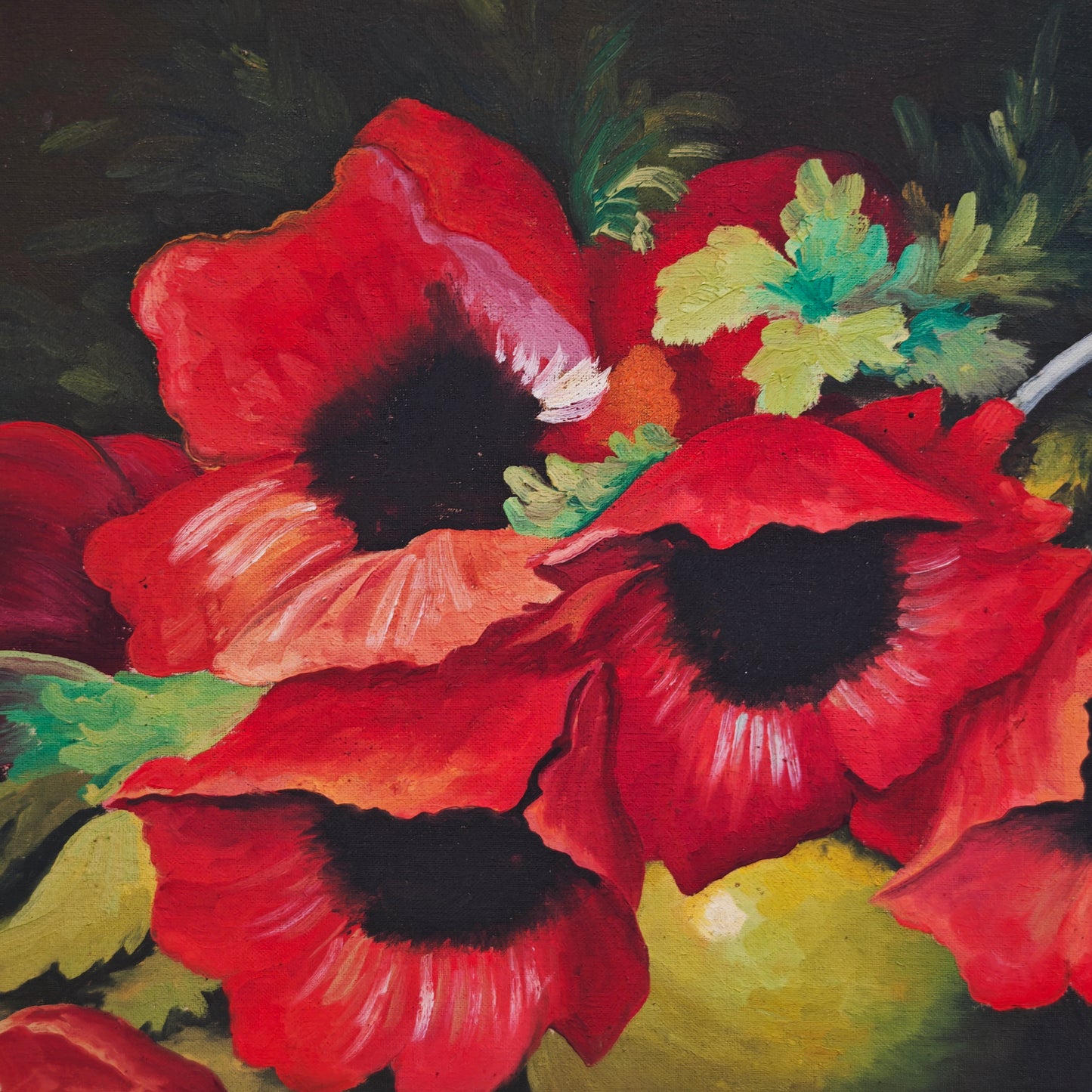 Ölgemälde Stillleben Mohnblumen Tabor 1950er Öl auf Hartfaserplatte mit Prunkrahmen