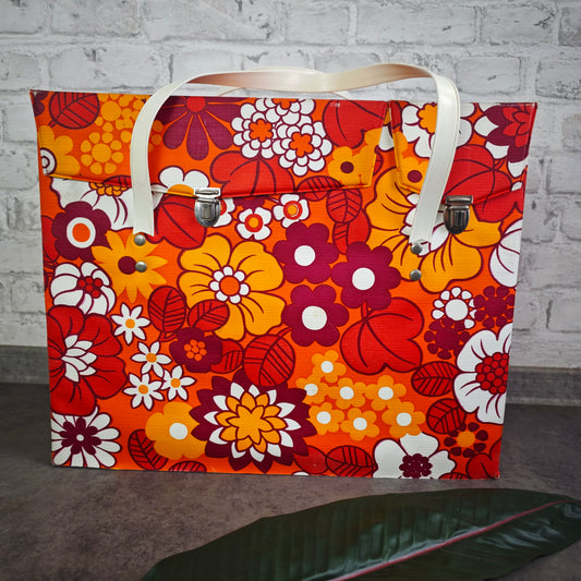 Vintage Kühltasche 70er Jahre Blumenmuster Hippie Flower Power orange rot Picknick Camping Festival Retro
