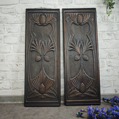 2 Jugendstil Ofenplatten Gusseisen Eichel Relief Wanddeko antik 65×23 cm für Restauration oder Dekoration