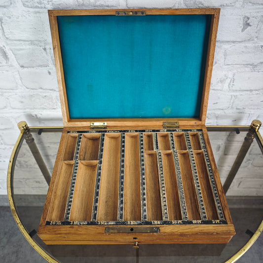 Stiebel Geld Zähl Cassette Nr 11 antik Holz Messing Zählbrett Kasse Münzkassette Sammler Stück