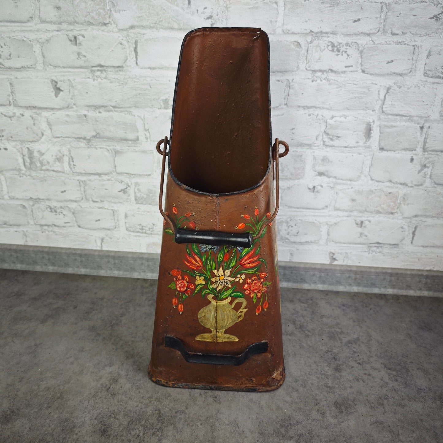 Kohlenschütte Metall braun Bauernmalerei Blumen Landhaus Vintage Schirmständer Deko