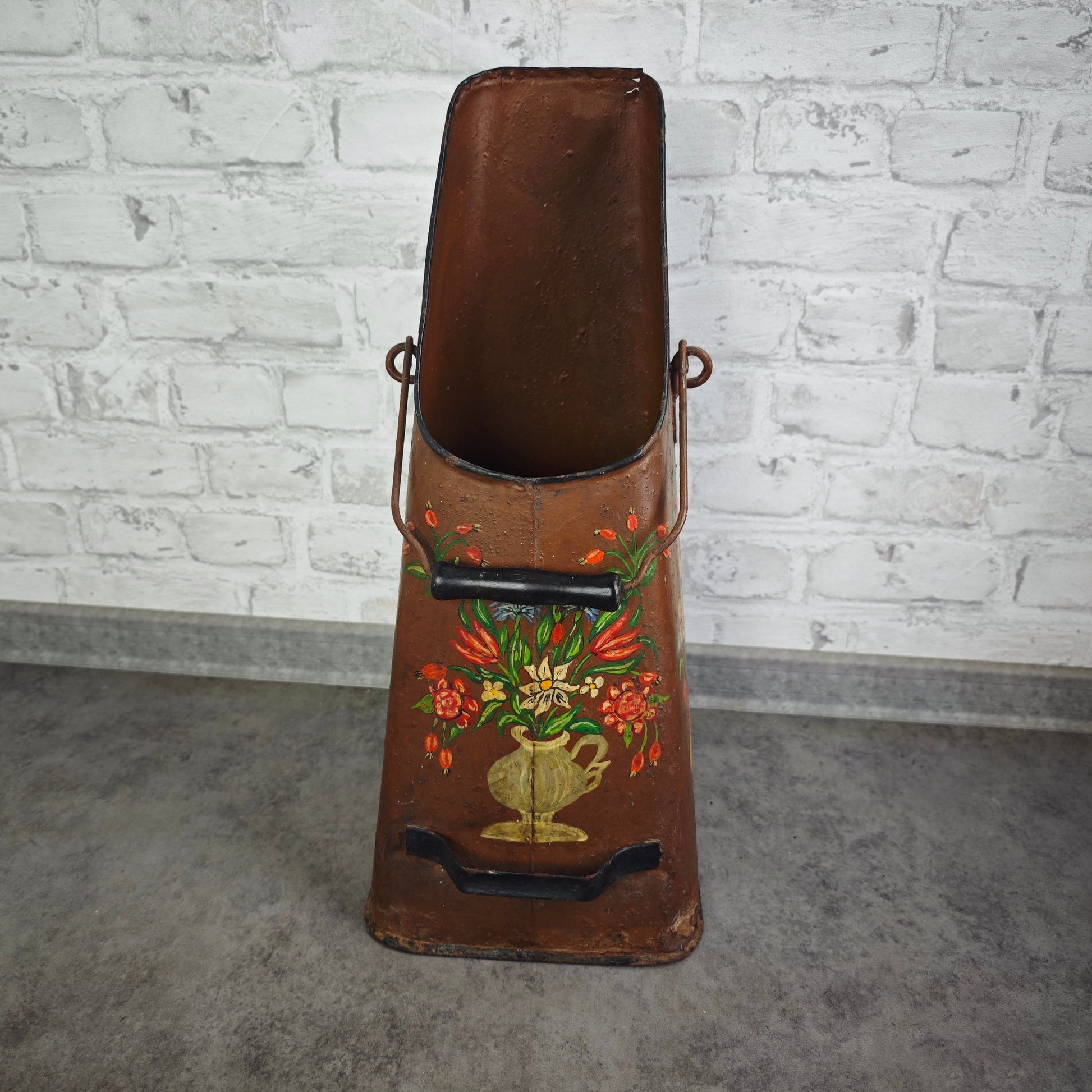 Kohlenschütte Metall braun Bauernmalerei Blumen Landhaus Vintage Schirmständer Deko