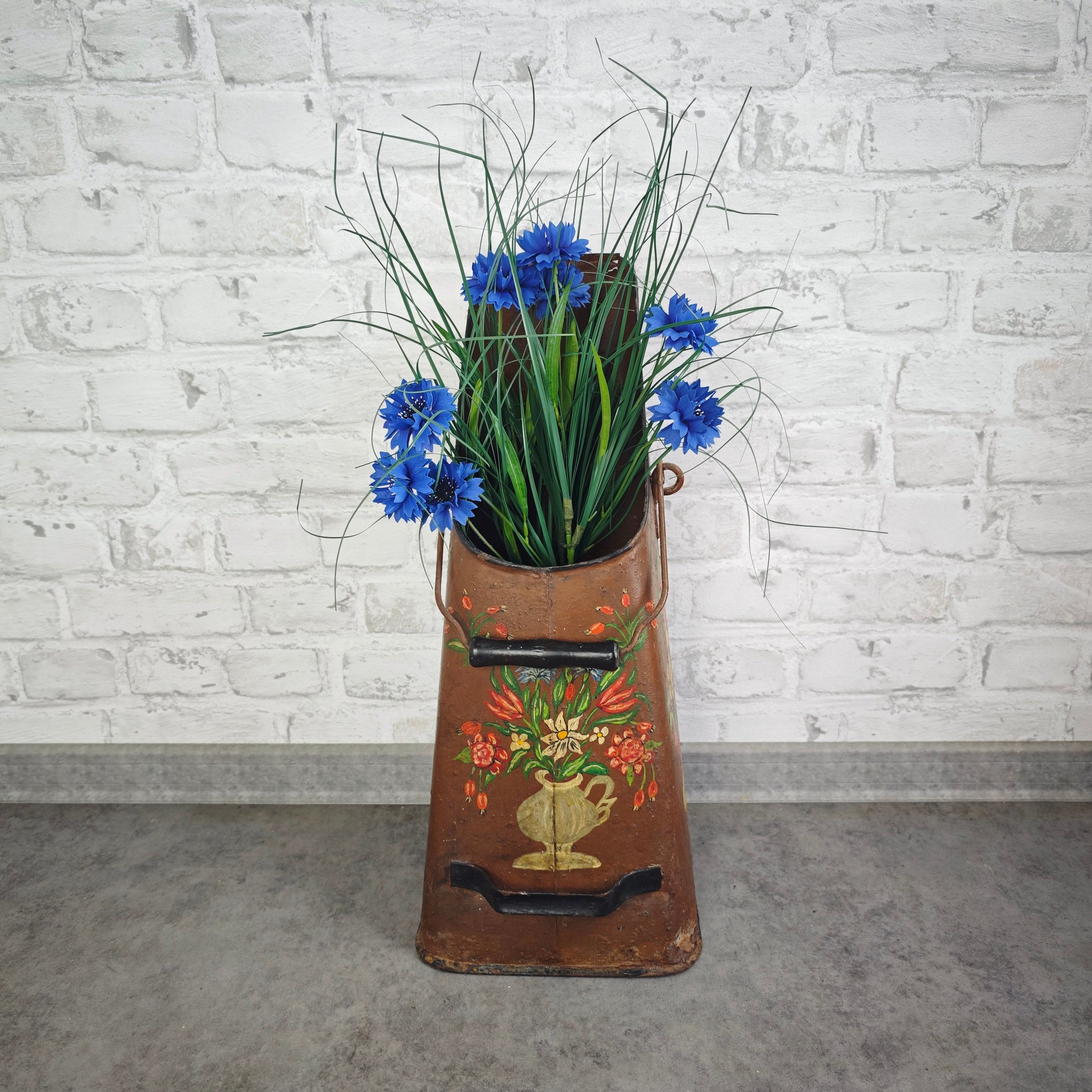Kohlenschütte Metall braun Bauernmalerei Blumen Landhaus Vintage Schirmständer Deko