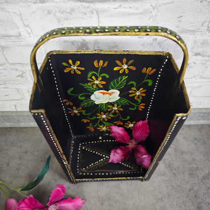 Kohleträger Metall schwarz gold Bauernmalerei Blumen Landhaus Vintage Dekoration