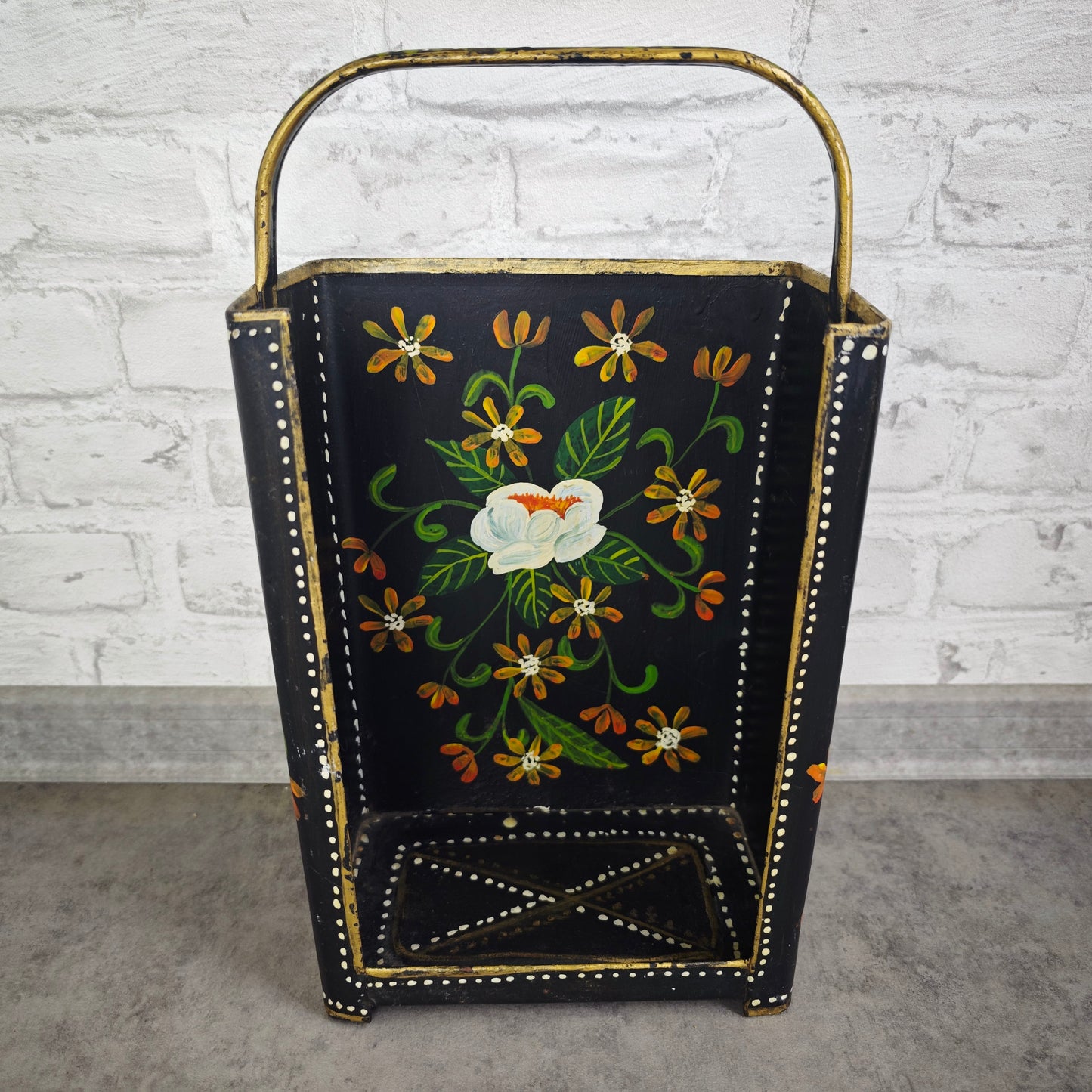 Kohleträger Metall schwarz gold Bauernmalerei Blumen Landhaus Vintage Dekoration