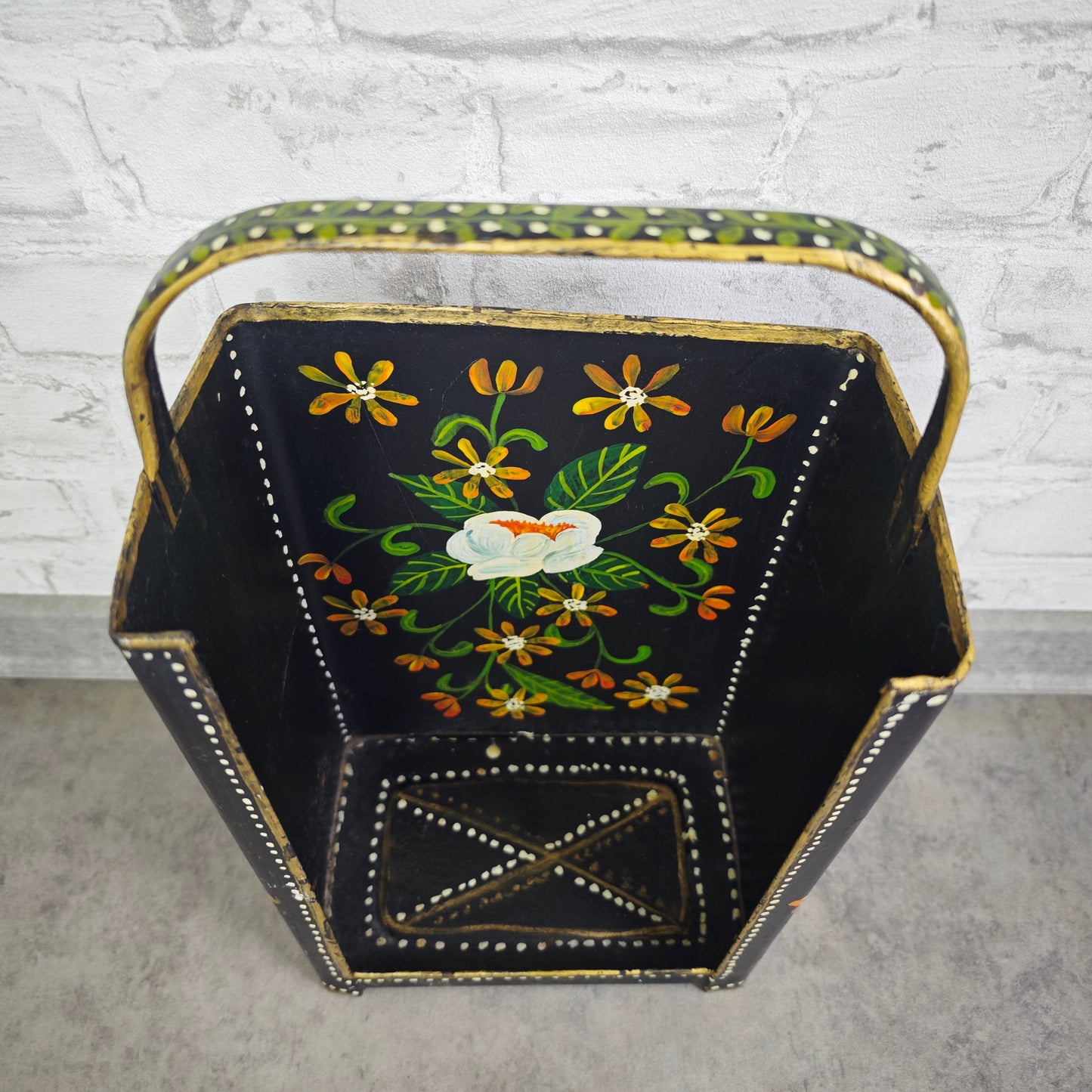 Kohleträger Metall schwarz gold Bauernmalerei Blumen Landhaus Vintage Dekoration