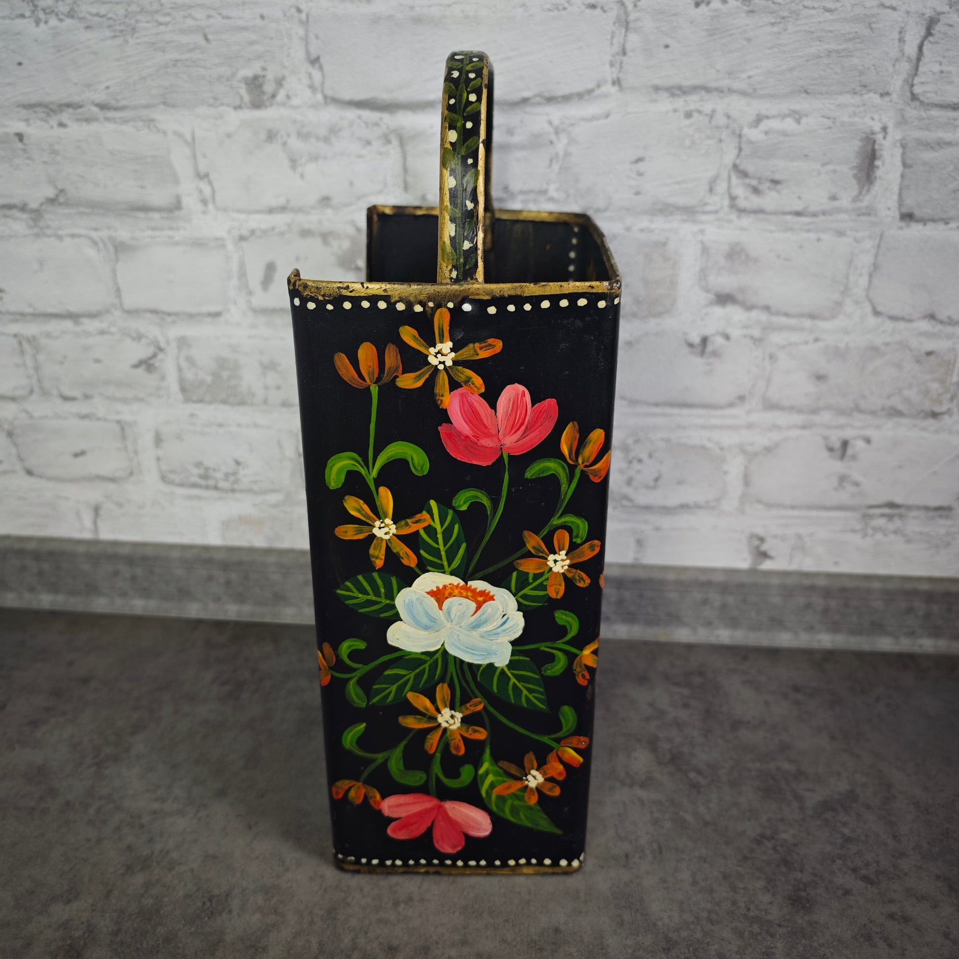 Kohleträger Metall schwarz gold Bauernmalerei Blumen Landhaus Vintage Dekoration