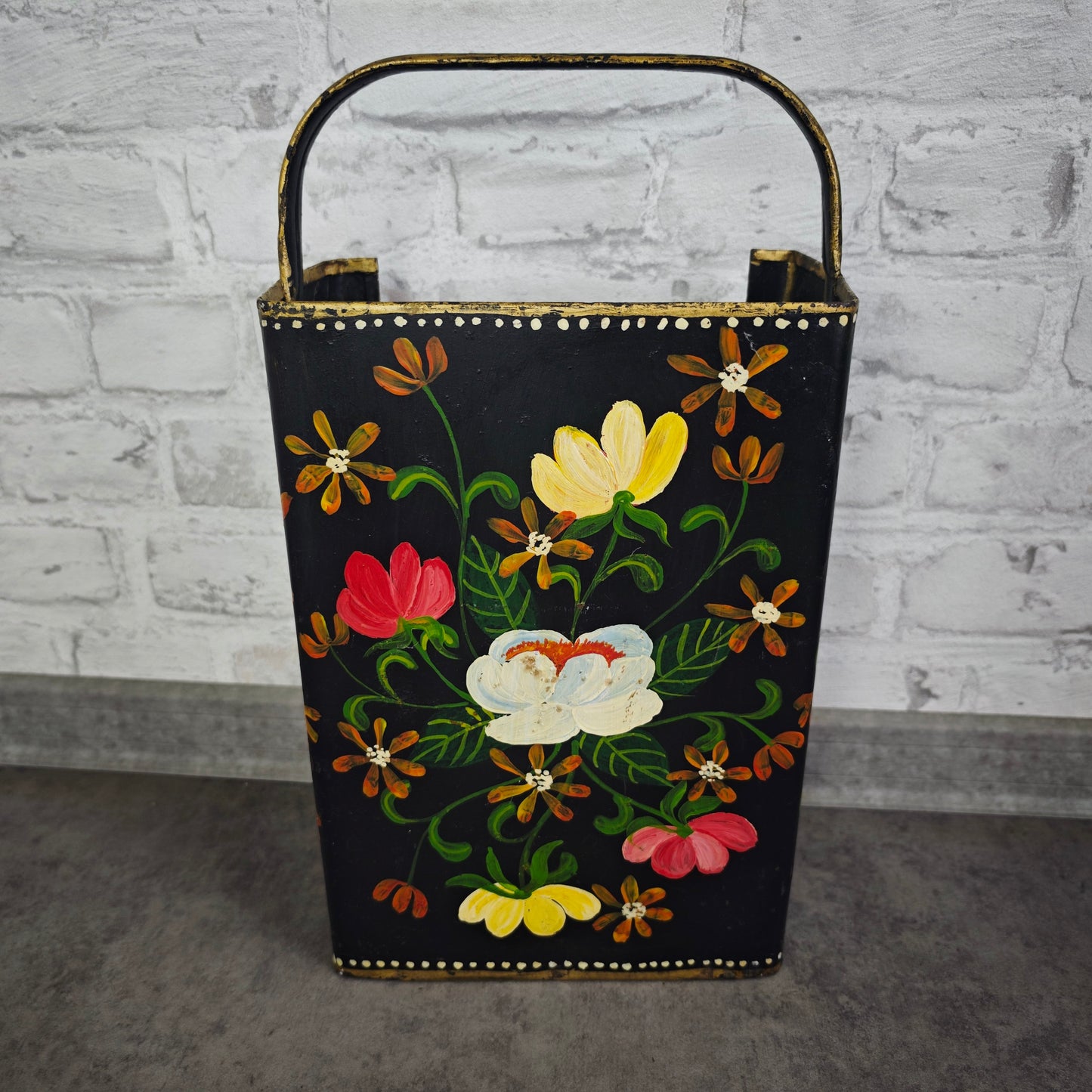 Kohleträger Metall schwarz gold Bauernmalerei Blumen Landhaus Vintage Dekoration