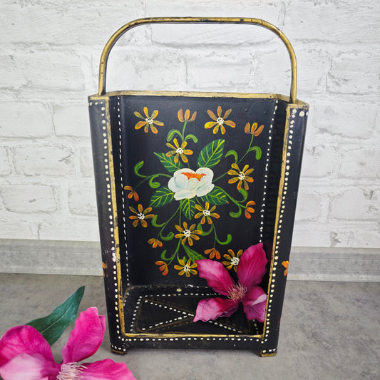 Kohleträger Metall schwarz gold Bauernmalerei Blumen Landhaus Vintage Dekoration