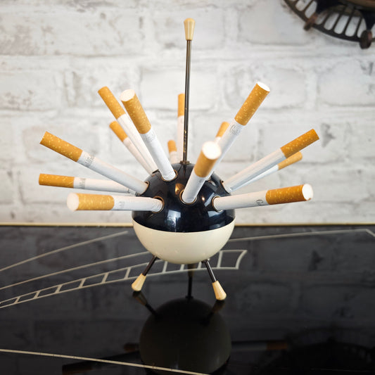 Sputnik Zigarettenhalter Kugel schwarz weiß Tripod Space Age Midcentury 50er Jahre
