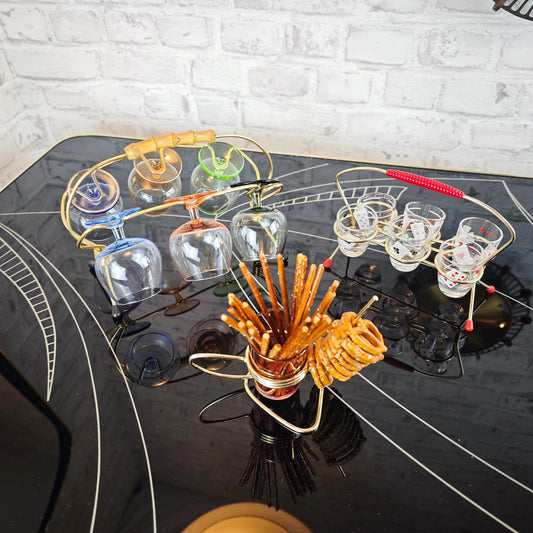 Midcentury Party Set 50er Jahre Schnapsgläser Spielkarten Schwenker Brezelhalter Messing Retro
