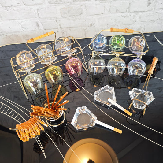 Midcentury Party Set 50er Jahre Schwenker Schnapsgläser Aschenbecher Brezelhalter Messing