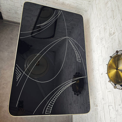 Midcentury Tisch 50er Jahre schwarz gold Glasplatte mit Muster abnehmbaren Beinen Sputnik Rockabilly Retro