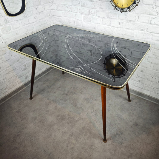 Midcentury Tisch 50er Jahre schwarz gold Glasplatte mit Muster abnehmbaren Beinen Sputnik Rockabilly Retro