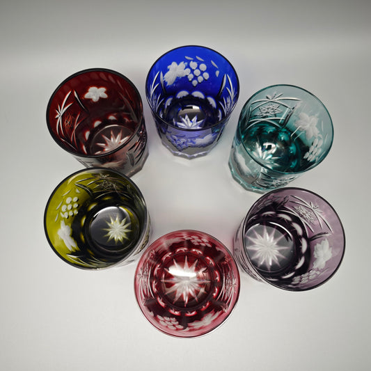 6x Kristallglas Whiskey Tumbler Trinkglas bunt geschliffen Trauben Schliff Stern Vintage Barset