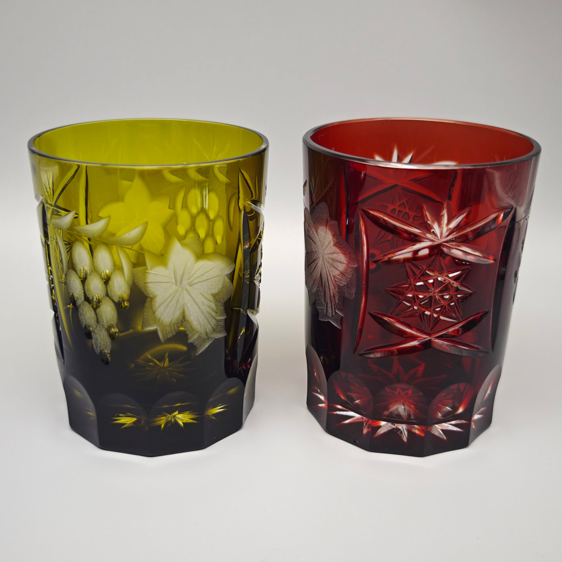6x Kristallglas Whiskey Tumbler Trinkglas bunt geschliffen Trauben Schliff Stern Vintage Barset