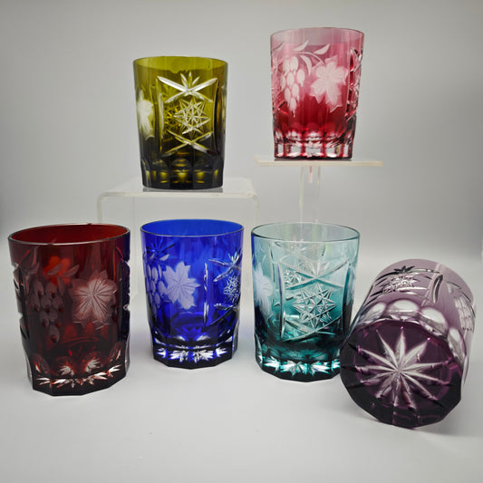 6x Kristallglas Whiskey Tumbler Trinkglas bunt geschliffen Trauben Schliff Stern Vintage Barset